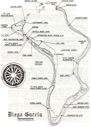 2002년 디에고 가르시아 섬의 군사 시설 지도