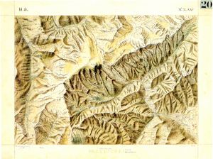 1832년 사르데냐 왕국의 지도로, 몽블랑 정상 통과하는 행정 경계선을 보여준다. 이는 현재 프랑스와 이탈리아 사이의 국경을 결정하기 위해 1860년 조약에 부속된 동일한 지도였다.