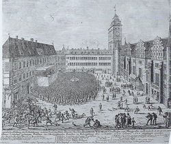 프로이센 신분회가 1663년 쾨니히스베르크 성에서 프리드리히 빌헬름 1세에게 경의를 표하고 있다.