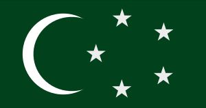 파키스탄 국민 운동이 제안한 파키스탄 국기. 초두리 라흐마트 알리의 팸플릿 "이슬람 밀라트와 '인디아니즘'의 위협" 표지에 묘사됨.