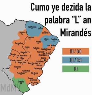 미란다어에서 남성 단수 정관사 "l"과 그 음성 변화에 대한 지도.