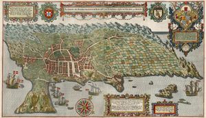 린스호턴의 여정기에 실린 수채화된 판화 속 아조레스의 테르세이라 섬.