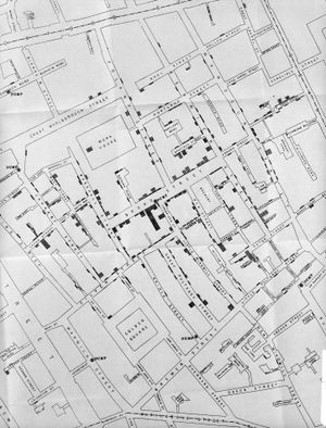 1854년 소호 주변의 콜레라 사망자 지도를 보여주는 지도