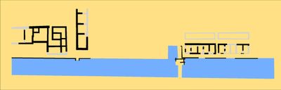 템스강 북쪽 둑을 따라 발굴된 론디니움 항구의 로마 시대 구조물 도표 ( 100년경), 오른쪽에 창고가 있다