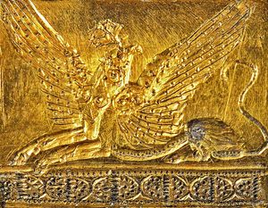 1963년 칼 블레겐이 필로스 근처 무덤에서 발견한 필로스 현대 도시의 인장 역할을 하는 그리핀(아테네 국립 고고학 박물관)