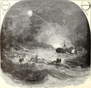 USS 모니터가 침몰하는 모습의 판화, 배경에 로드아일랜드호