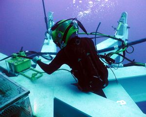 해군 잠수부가 "거미"를 준비하고 있다.