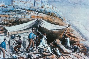 아서 레이크스가 모리슨에서 발굴된 Apatosaurus ajax와 Atlantosaurus montanus의 화석을 발굴하는 예일 대학교 연구팀을 그린 그림