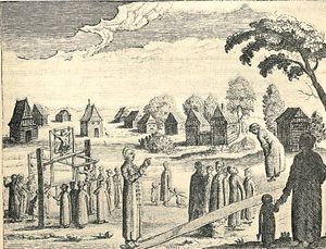 17세기 판화에 묘사된 초기 유희용 바퀴(왼쪽, 아담 올레아리우스(Adam Olearius)의 그림)