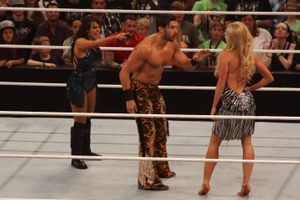 A brunette Caucasian woman and dark-haired Caucasian man in a wrestling ring, pointing and yelling at a blonde Caucasian woman with her back to the camera.