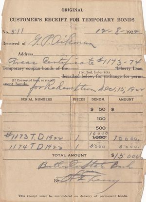 1922년 캔자스 주에서 발행한 임시 채권 영수증