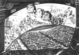 성의 및 시네마스코프를 광고하는 홍보 포스터. 중앙의 작은 상자는 일반적인 폭의 화면을 나타낸다. 화면의 곡률과 폭은 실제보다 과장되어 있으며, 시네라마 스크린과 더 유사하게 보인다. 시네라마 스크린과 달리 시네마스코프 스크린은 직사각형이었으며, 표준 비율보다 86% 더 넓었다.