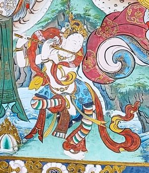 크리슈나가 피리를 연주하는 모습, 인도 다르질링 구의 부티아 버스티 수도원 벽화