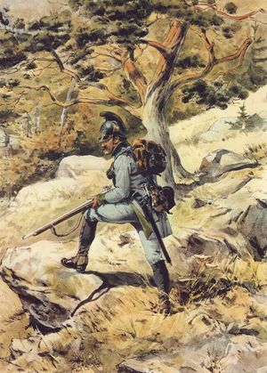 1800년경 오스트리아의 예거. 나폴레옹 시대 산병전에 특화된 병사들의 비교적 눈에 띄지 않는 군복은 엄폐물 활용에 유리했다.
