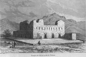 1887년 모습의 잉카 태양 신전 그림. 만코 카팍의 미라가 안치되었던 Isla del Sol에 위치하고 있다.