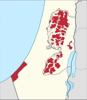 적색 - 팔레스타인 정부 관할(A지구 및 B지구) 황색 - 이스라엘 정부 통치 하(본토 및 C지구)
