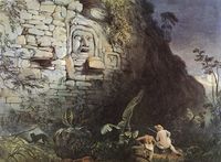 이자말 카불 사원의 석고 가면 장식 (1840년대, 프레데릭 캐더우드 그림 기반)