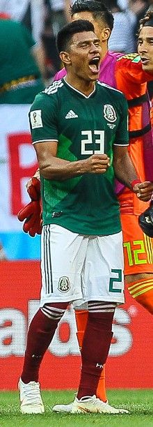 가야르도가 2018년 월드컵에서 멕시코가 독일을 1-0으로 이긴 후 세레머니를 하고 있다.