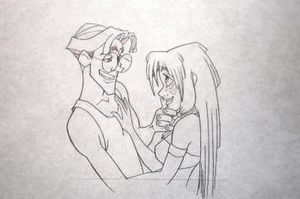 A penciled production sketch showing a man (Milo) on the left embracing a woman (Kida) on the right. A horizontal line is visible on the bottom of the page depicting a reference line for the CinemaScope frame of the drawing.
