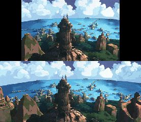 영화의 파노라마 제작 스틸컷으로, 배경에 구름이 드리워진 거대한 호수와 도시를 내려다보며 아틀란티스 건물 타워 위에 서 있는 두 명의 인물이 묘사되어 있습니다.