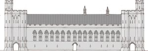 A drawing of the front of a castle hall, with two towers at either end and a row of high windows running along with the middle. The drawing is in shades of grey.