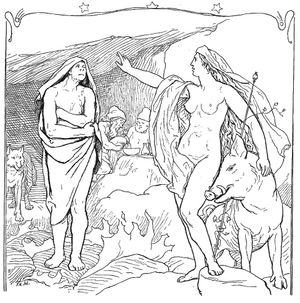 여신 프레이야가 힌드스비니에 코를 비비며 로렌츠 프뢸리히의 그림(1895년)에서 힌들라에게 몸짓을 하고 있다.