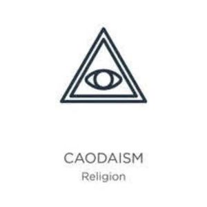 A stylized triangle with an oval with a circle inside. The caption 'CAODAISM / Religion' is below.