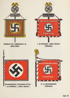 각 SS대대 기. 왼쪽 상단 시계 방향으로, 'SS 아돌프 히틀러 경호대대(LSSAH)', '뮌헨 제1SS 연대 "율리우스 슈레크"', '뮌헨 제15SS 기병 연대', '제Ⅲ대대/제1SS 연대 기'