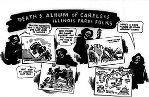 1949년 만화 "부주의한 일리노이 농부들의 죽음의 앨범"은 전년도의 275건의 트랙터 관련 사고와 183건의 가축 관련 사고를 보여준다.