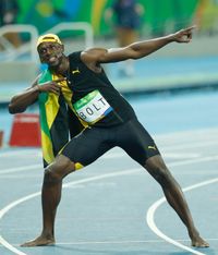 「라이트닝 볼트(Lightning Bolt)」 포즈. 2016년 리우 올림픽 100m 결승 후 우승 런에서.