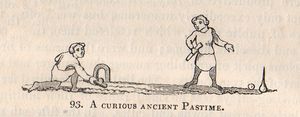 1801년에 처음 출판된 잉글랜드 민중의 스포츠와 오락에 나오는 초기 크로켓과 유사한 게임; 아치, 페그, 두 명의 선수가 공을 들고 있는 모습이 뚜렷하게 나타난다.