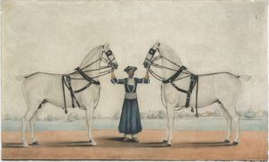 Shaikh Muhammad Amir of Karraya가 그린 그림으로, 두 마리의 마차 말을 잡고 있는 벵골의 말 돌보미를 묘사하고 있다.