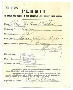 1903년 제2차 보어 전쟁 후 영국에서 발행된 오렌지강 식민지 허가증.