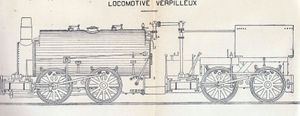 1842년경 프랑스 생테티엔-리옹 철도를 위해 클로드 베르피유가 설계한 증기 기관차와 탄수차