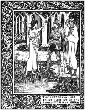 "아서가 멀린의 도움으로 호수의 여인에게 엑스칼리버를 얻는 방법", 아서 왕의 죽음 삽화, J. M. 덴트 & Co., 런던 (1893–1894), 오브리 비어즐리