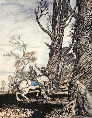 "랜슬롯 경이 숙녀, 아가씨, 귀부인을 괴롭히는 페리스 드 포레스트 사바지 경을 죽이는 모습." 아서 왕의 로맨스(1917), 앨프리드 W. 폴라드가 말로리의 아서 왕의 죽음을 요약하고 아서 래컴이 삽화를 그림