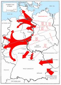 미국 육군에 따르면 바르샤바 조약기구의 풀다 갭과 북독일 평원을 통한 공격 예상 축.