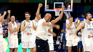 2023 FIBA 농구 월드컵에서 캐나다와의 준결승전에서 승리한 후의 세르비아