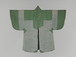 다도용 하오리(차바오리), 약 1800년. 손상되기 쉬운 부분은 다른 색으로 제작되었다. 종이와 실크.