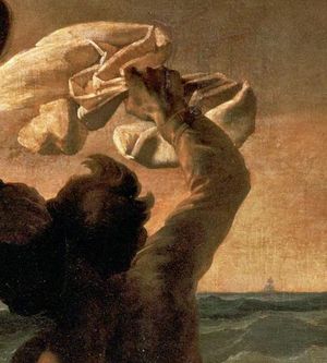 배의 주의를 끌기 위해 손수건을 흔드는 선원의 세부 묘사