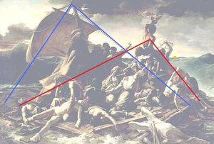 작품의 기초를 형성하는 두 개의 피라미드 구조의 윤곽을 보여주는 다이어그램. 구조선 아르구스호의 위치는 노란색 점으로 표시되어 있다.