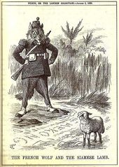 '프랑스 늑대'가 메콩 강 저편의 '시암 양'을 지켜보는 모습을 그린 펀치 만평.