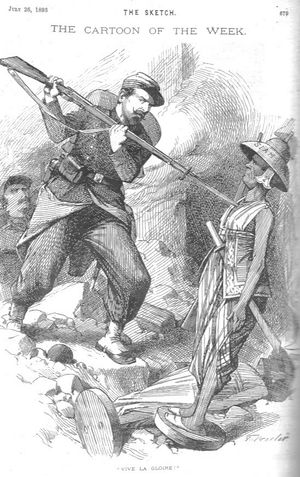 영국 신문 The Sketch의 풍자만화는 프랑스 군의 기술적 우위를 반영하여 프랑스 군인이 무해한 나무 인물로 묘사된 샴 군인을 공격하는 모습을 보여준다.