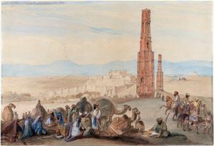 제임스 앳킨슨의 19세기 작품. 가즈니 요새와 가즈나 왕조 시대(963–1187)에 세워진 가즈니 미나렛을 묘사