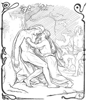 프리그가 로렌츠 프뢸리히가 1895년에 그린 그림에서 죽은 아들 발드르를 붙잡고 있다