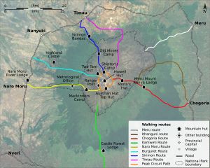 케냐산 주변의 등산로 및 산장 지도