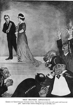 "브랜다이스 임명이 '유지된' 저널리즘, 특권, 월 스트리트, 독점, 스탠드퍼티즘을 낙담시키자 '고통에 찬 보수주의자들의 합창'을 묘사한 정치 만화" 1916년 Puck 만화