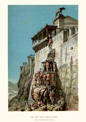 캄피돌리오 언덕에서 갈리아인의 접근을 로마인들에게 경고하는 유노 신전의 거위. 앙리 폴 모테, 1883년작