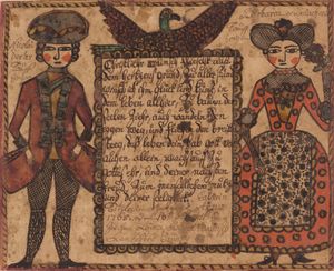 식민지 시대의 팔라틴인을 프락투어 미술 양식으로 묘사