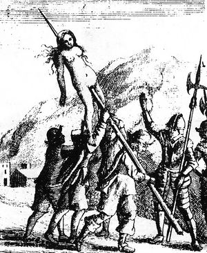 1655년 라 토레에서 일어난 학살을 묘사한 판화, 사무엘 모어랜드의 1658년 런던 출판물, 피에몬테 계곡의 복음주의 교회 역사에서